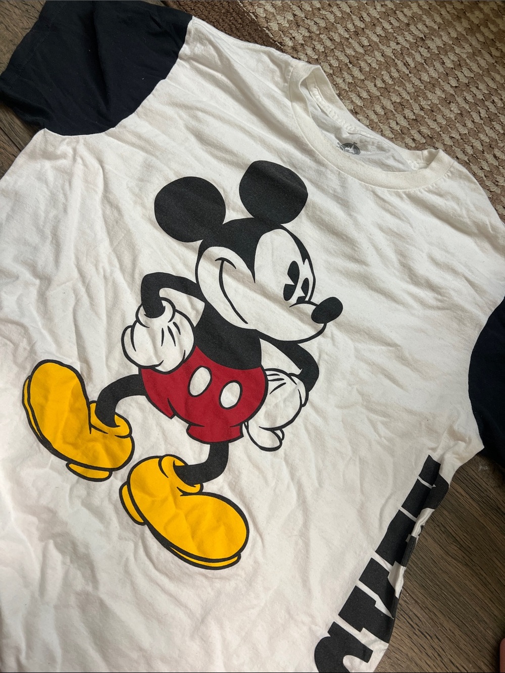 Disney White T‑Shirt with Mickey Mouse Graphic and Red & Yellow Accents
